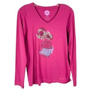 Life is Good Small Pink Long Sleeve Flowers in Jar Graphic Cotton‎ V Neck 1495